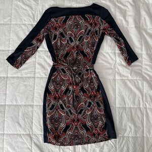 Ann Taylor Navy and Red Paisley Long Sleeve Dress